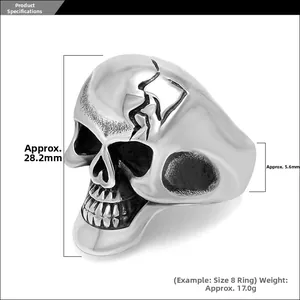Dimensions détaillées de la bague crâne vintage en acier titane poli brillant