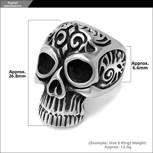 Detailed size parameters of vintage fleur-de-lis skull ring in stainless steel