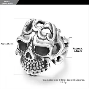Detailed view of punk skull ring showing 28.5mm height and 9.1mm band width dimensions