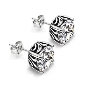 Vintage Stainless Steel Rhinestone Stud Earrings For Men Women Gothic Filigree Round Clear Crystal Surgical Steel Jewelry