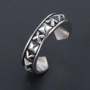 Vintage oxidized silver open ring with geometric pyramid studs and cross patterns