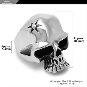 Macro detail of stainless steel skull ring with star emblem showing 28.8mm height dimension