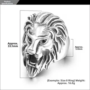 Detailed technical drawing of lion head ring showing 33.1mm height and 5.0mm band width