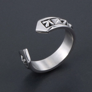 Vintage punk silver geometric engraved open ring with adjustable stainless steel band