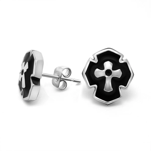 Punk Gothic Cross Titanium Steel Stud Earring For Men Black Enamel Geometric Pattern Vintage Religious Hip Hop Style Jewelry