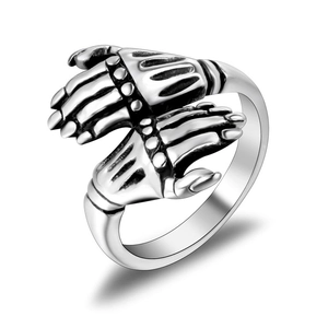 Vintage punk style double skeleton hand ring made of titanium steel with retro silver finish