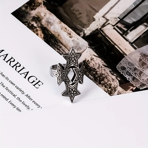 Retro titanium steel star ring with overlapping geometric pentagon stars for men