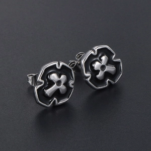Men's titanium steel stud earrings with black cross pattern and polished silver finish