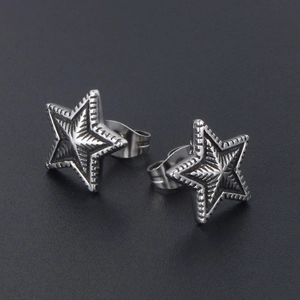 Retro star-shaped titanium steel studs with radial textures and secure butterfly clasps