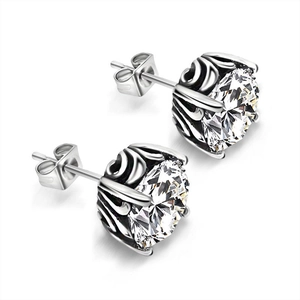 Retro couple's silver earrings with large round cubic zirconia in six-prong vintage setting