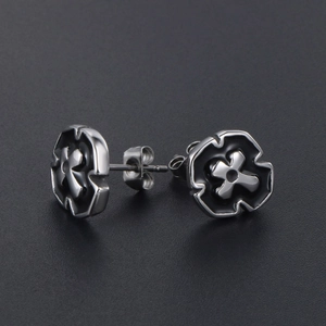 Gothic punk hexagon cross stud earrings in stainless steel with black enamel finish
