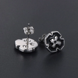 Mens gothic cross stud earring in titanium steel with black enamel and punk shield design