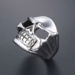 Gothic punk skull ring in polished stainless steel with detailed vintage metallic finish