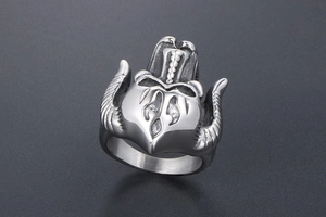 Detailed relief of vintage gothic bull horn monster ring in titanium steel finish