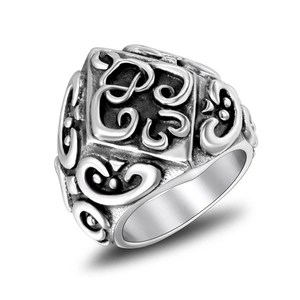 Vintage unisex wide titanium steel ring featuring retro baroque floral scroll patterns