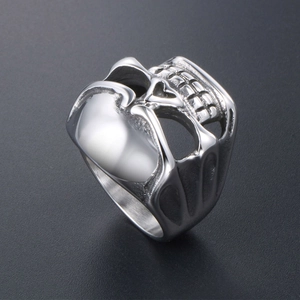 Men's gothic skull ring in polished stainless steel with intricate punk style detailing