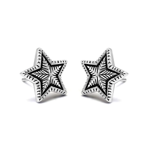 Vintage titanium steel star stud earrings with distressed finish on a white background