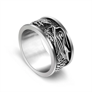 Bague dragon large vintage en acier inoxydable avec motifs embossés argentés et noirs mats