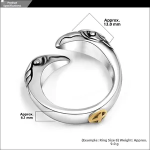 Detailed view of eagle head steel ring with dimensions 13mm top width and 6.1mm band