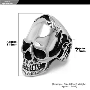 Detailed size chart for vintage skull titanium ring with dimensions and weight specs