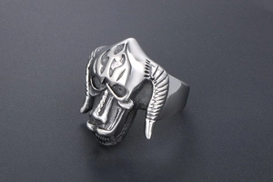 Detailed view of silver gothic beast horn ring with antique finish and vintage punk texture