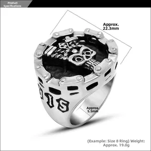 Detail view of punk skull ring in titanium steel showing size and weight specs