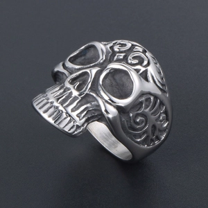 Vintage gothic skull ring with engraved floral patterns in polished silver titanium steel