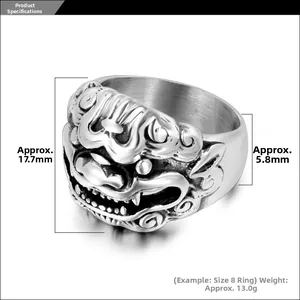 Detailed size view of retro stainless steel ring with mythical beast Kirin carving