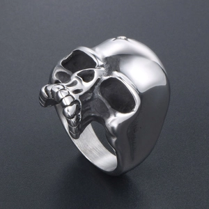 Gothic stainless steel skull ring with vintage oxidized finish and sunflower details