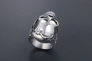 Detailed view of the gothic skull engraving on this thick vintage titanium steel ring