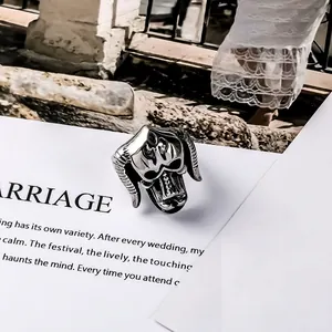 Vintage punk goat skull ring in antique silver titanium steel with gothic ram horns