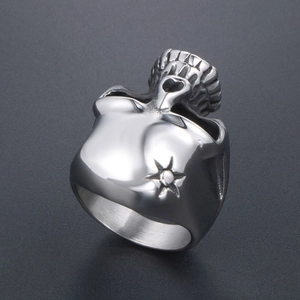 Silver stainless steel skull ring with hex star relief and hollow heart detail