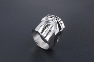 Detailed view of 3D Stormtrooper helmet ring in polished stainless steel finish