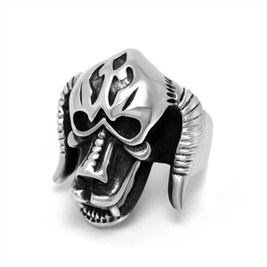 Retro gothic bull horn monster skull ring in polished vintage stainless steel