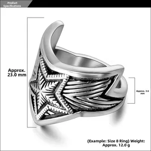 Detailed size specifications for a retro star ring in titanium steel with dimensions