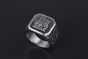 Macro detail of men's silver signet ring with embossed crest and textured geometric band