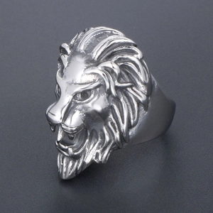 Rugged silver lion head ring in punk style made of polished stainless steel for men