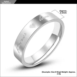 Polished silver titanium steel ring with Forever Love engraving, 3.5mm width and heart detail