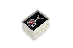 Star necklace with red gemstone displayed in a beige quilted jewelry gift box