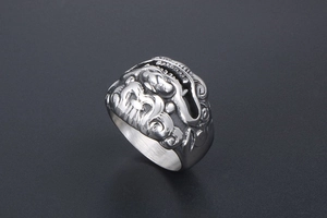 Macro detail of vintage silver titanium steel ring with mythical beast relief carving