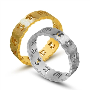 Bague en Acier Inoxydable Mantra Bouddhiste Bord Festonné Ajouré Religieux Six Syllabes Anneau pour Hommes Femmes Bijoux Ethniques