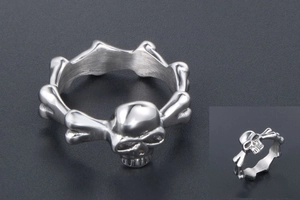 Macro view of punk style stainless steel skull ring with crossed bone band details