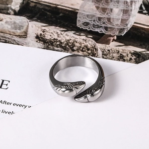 Silver shark shaped open ring in brushed stainless steel with creative animal design