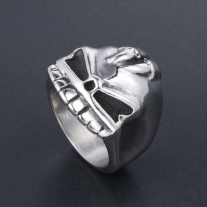 Gothic punk skull ring with embossed double swords in polished silver stainless steel