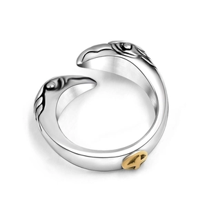 Silver stainless steel open ring with detailed eagle head design and gold emblem