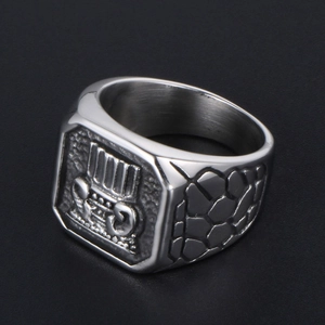 Men's silver square titanium steel signet ring with vintage industrial scale texture