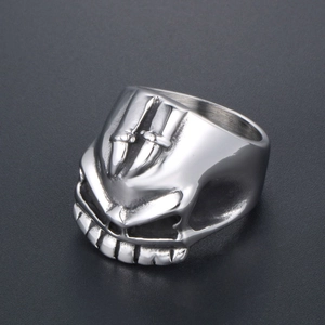 Silver skull ring for men with embossed twin swords in punk rock stainless steel style