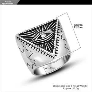 Detailed view of punk evil eye totem steel ring showing width of 21.2mm and 5.4mm