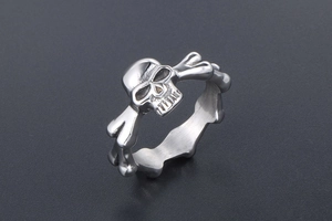 Detailed view of punk skeleton ring with polished titanium steel and gothic bone accents