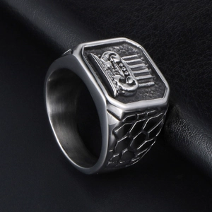 Men's titanium steel signet ring with crown relief and hexagonal silver finish